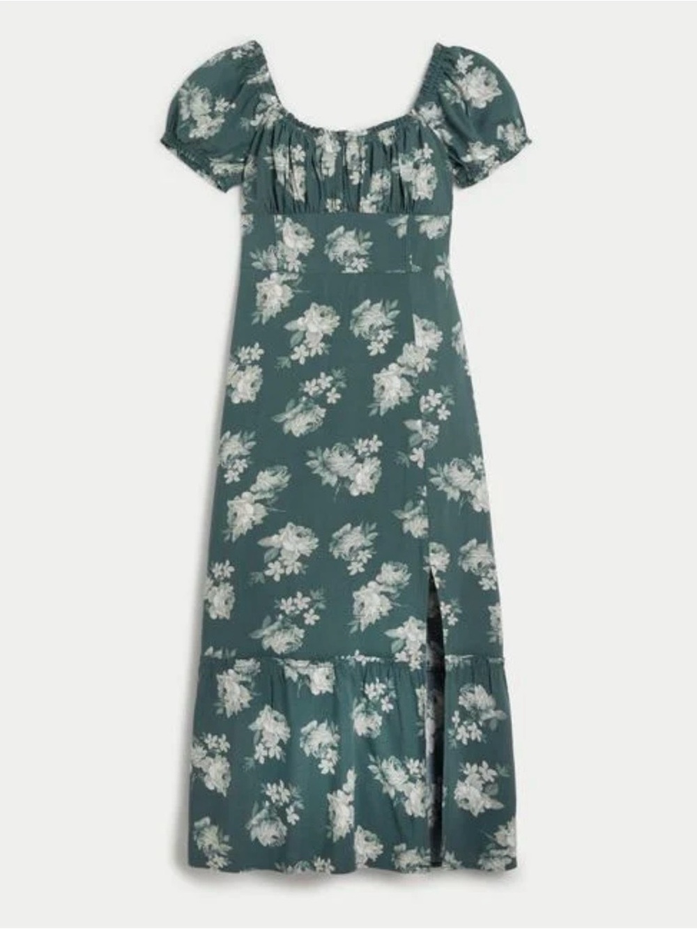 Hollister On or Off the Shoulder Floral Green & White Midi Dress with Split Hem